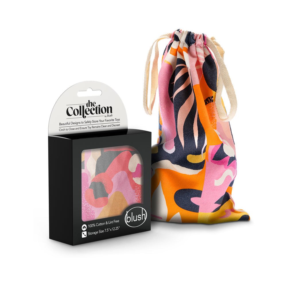 The Collection Burst Cotton Toy Bag with colorful abstract pattern, drawstring closure, and 100% natural lint-free cotton material.