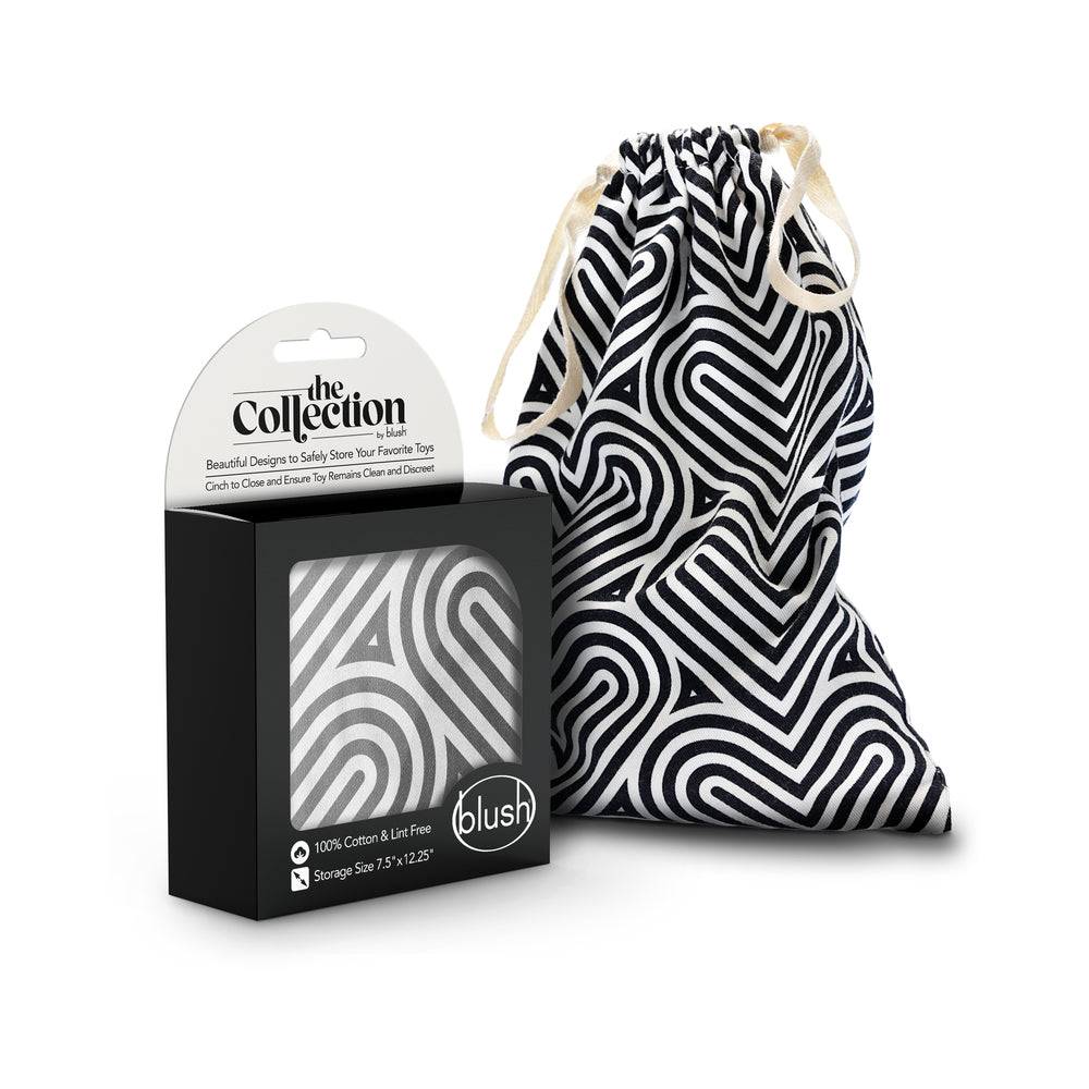 The Collection Bomba Cotton Toy Bag with black and white swirl pattern, 100% natural cotton, lint-free, drawstring closure, 7.5 x 12.25 inches, machine washable storage pouch.