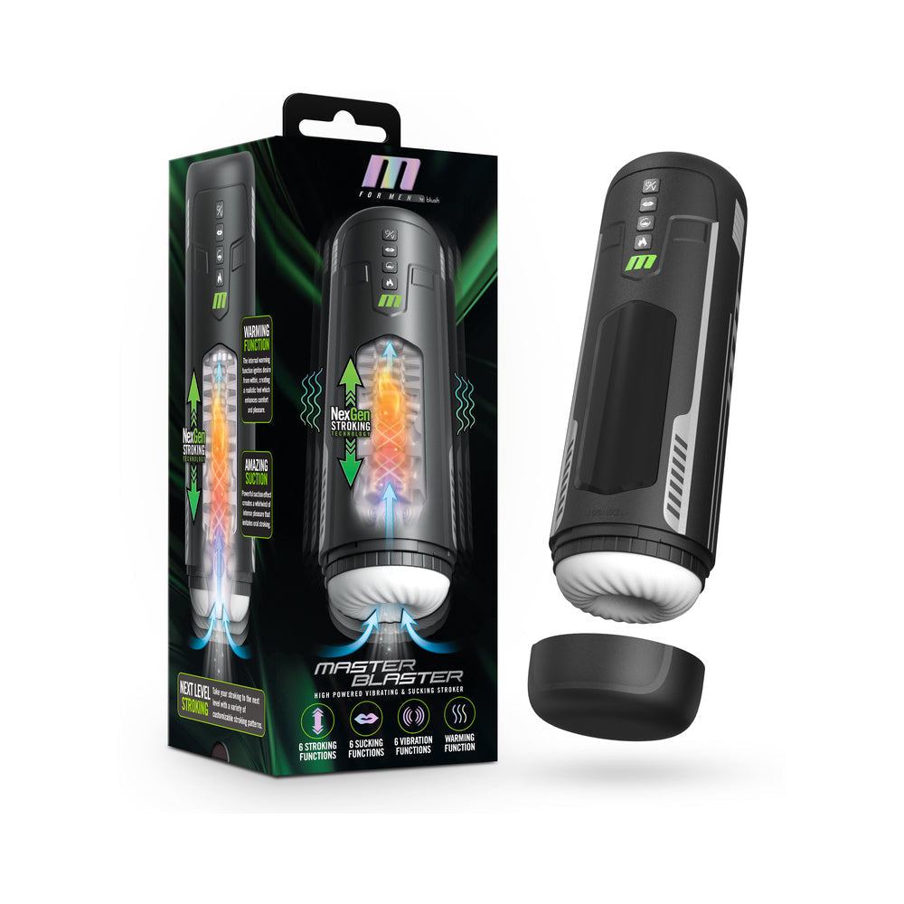 M for Men Master Blaster Black automatic male masturbator with four-in-one stroking, vibrating, and suction modes, featuring warming function and USB-C charging.