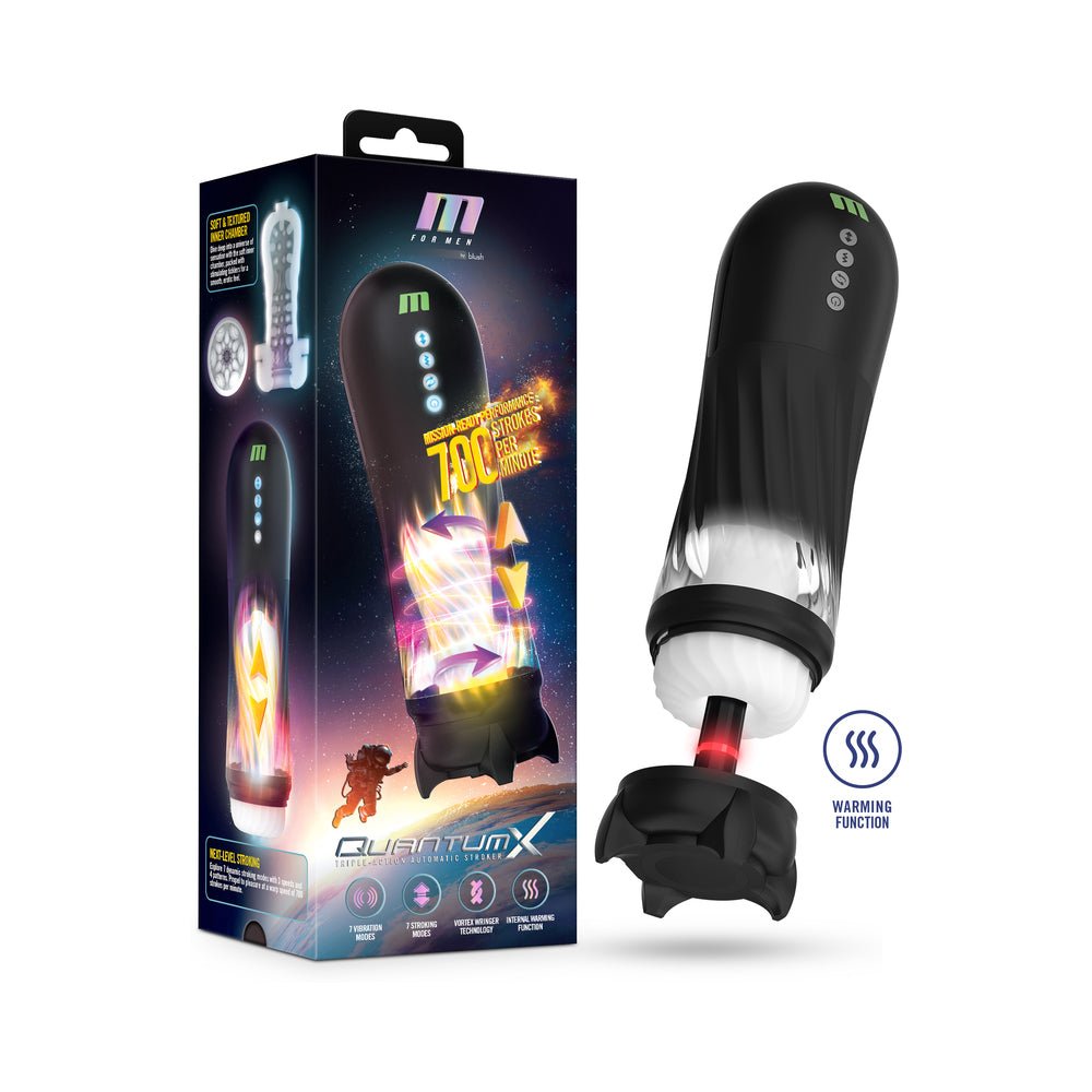M For Men Quantum X 3-in-1 automatic stroker with 7 vibration and stroking modes, warming function, and USB-C rechargeability.