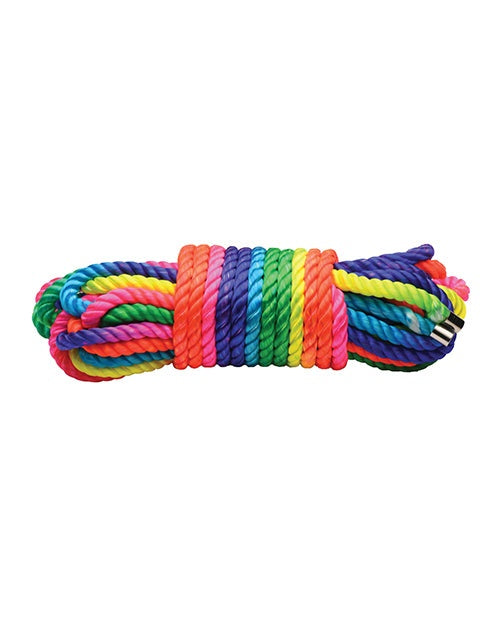 32ft vibrant neon rainbow-colored twisted nylon bondage rope with metal-capped ends from Master Series