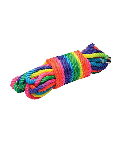32ft Master Series Rainbow Rope neon-colored twisted nylon bondage rope with metal-capped ends for BDSM play