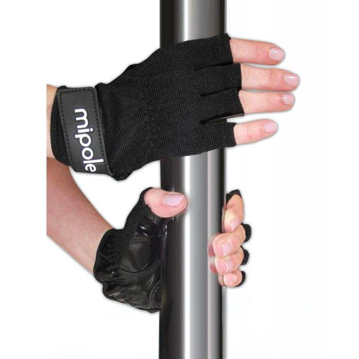 Pair of small black MiPole Dance Pole Gloves worn on hands gripping a silver pole for enhanced grip and comfort during pole dancing