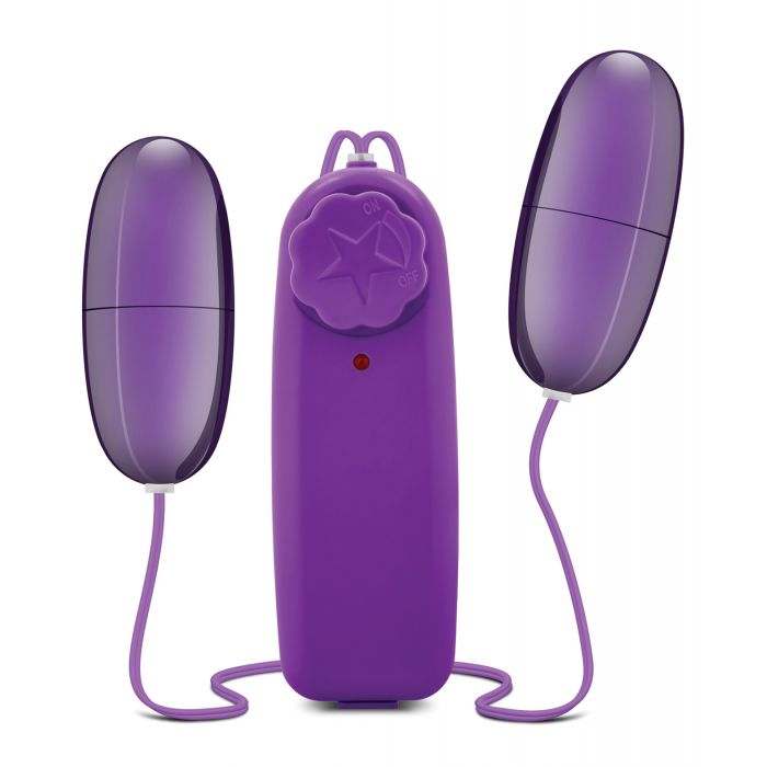 Blush B Yours Double Pop Eggs in plum with dual vibrating eggs and a wired remote control for adjustable multispeed pleasure