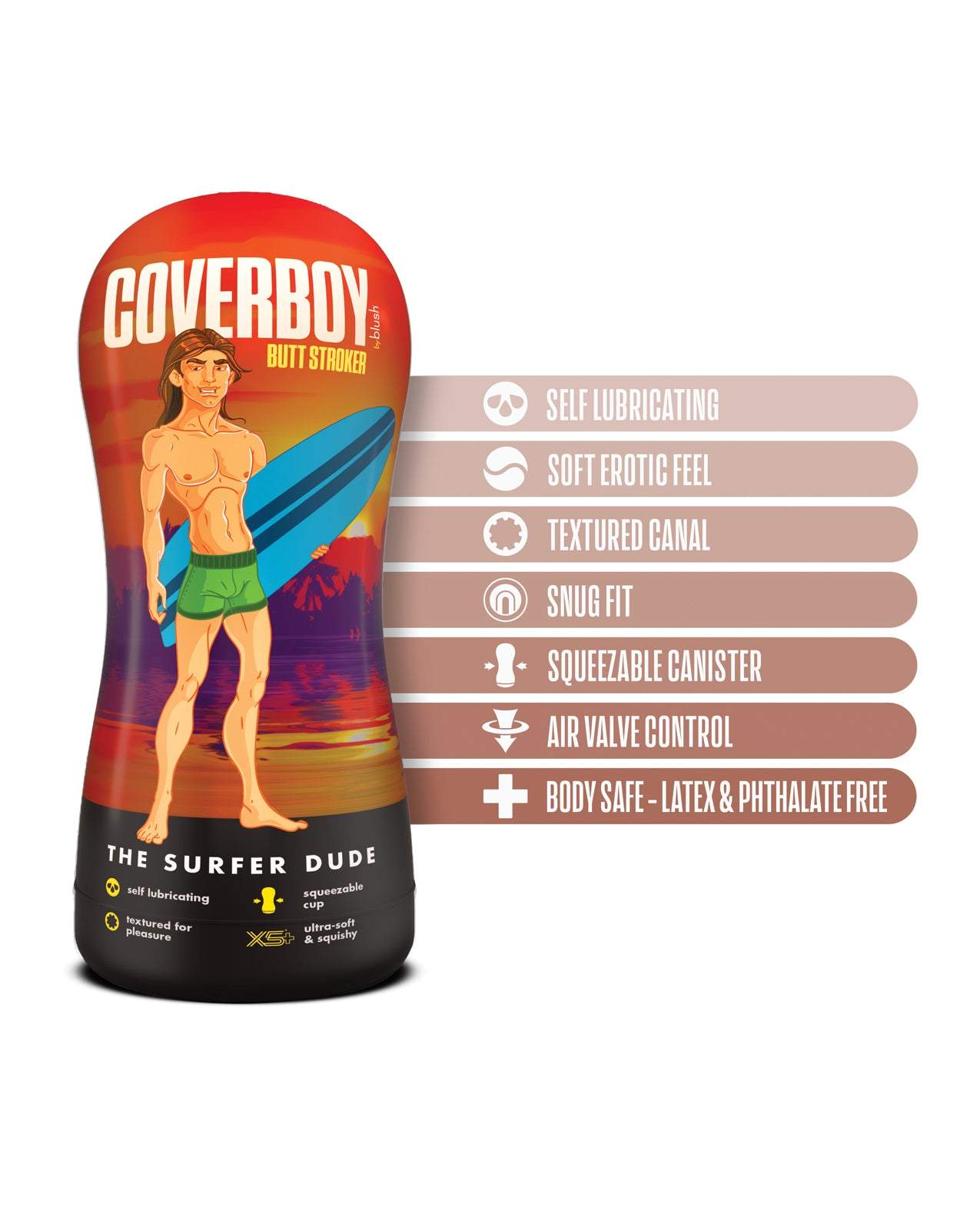 Blush Coverboy The Surfer Dude beige pocket stroker with self-lubricating, textured canal, air valve control, and body-safe materials