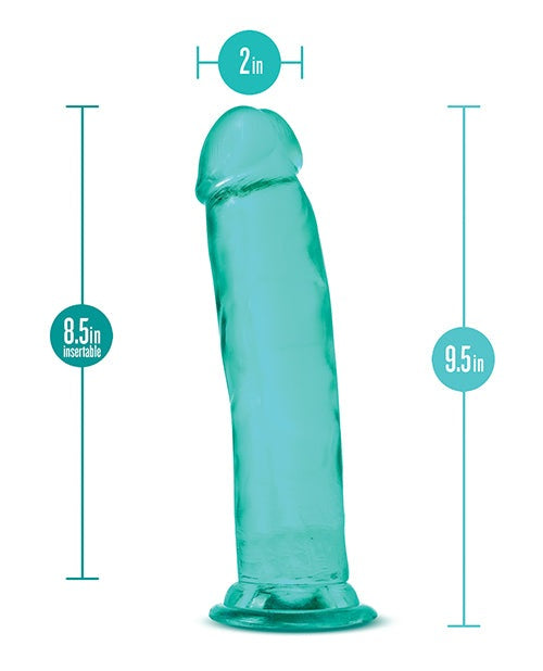 Blush B Yours Plus 9-inch teal dildo with suction base and 2-inch width, made of soft, safe TPE material