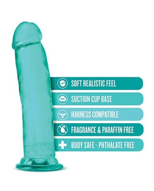 Blush B Yours Plus 9 inch teal dildo with soft realistic feel, suction cup base, harness compatible, and body-safe TPE material