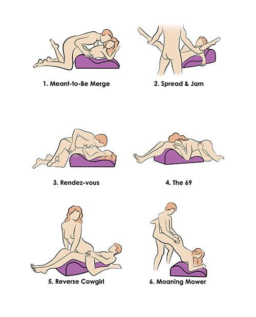 Illustrations demonstrating six intimate positions using the Bedroom Bliss Contoured Love Cushion for enhanced support and comfort.