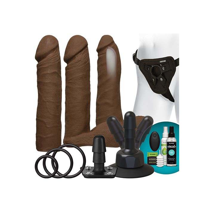 Vac-U-Lock Vibrating Dual Density ULTRASKYN strap-on set in chocolate with wireless remote and multiple attachments