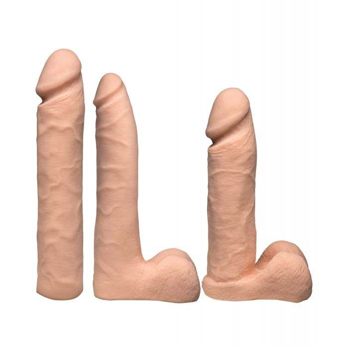 Vac-U-Lock Dual Density strap-on attachments set in vanilla with realistic texture and varied sizes.