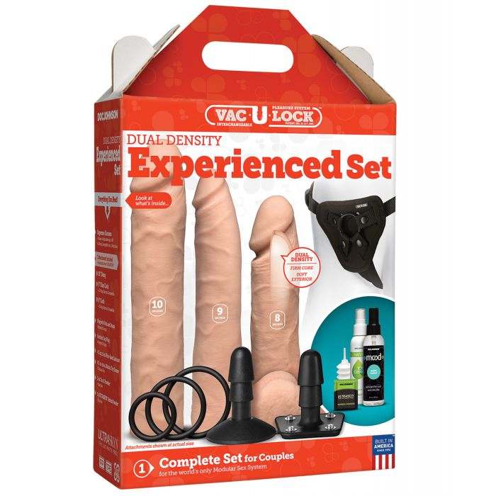 Vac-U-Lock Dual Density Experienced Set featuring three realistic attachments, harness, rings, and toy cleaner in vanilla color