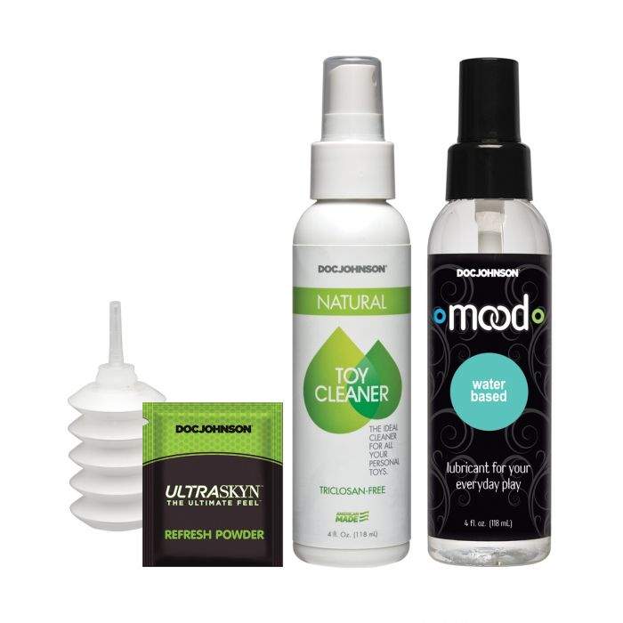 Doc Johnson cleaning and maintenance kit for Vac-U-Lock Dual Density sex toys including natural toy cleaner, lubricant, refresh powder, and applicator.