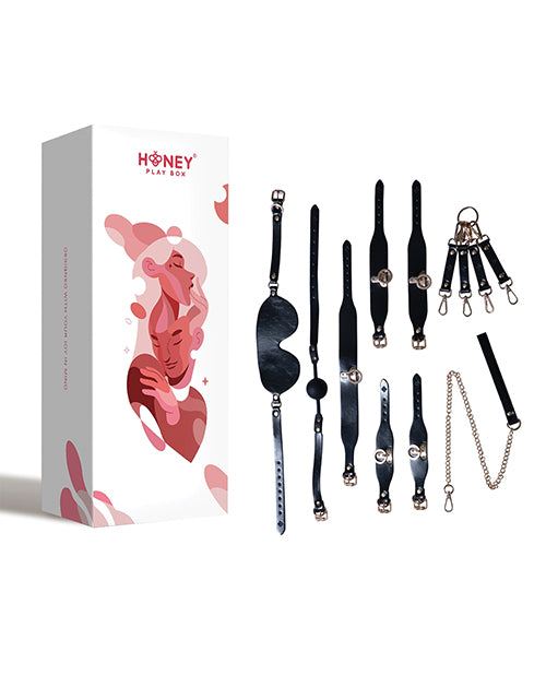 Kinky Play Box BDSM Kit 5 piece black vegan leather bondage set with cuffs, collar, leash, blindfold, and ball gag