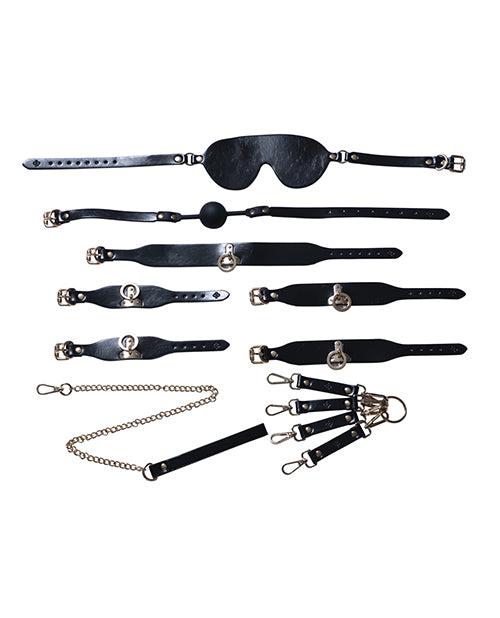 Kinky Play Box BDSM Kit 5-piece black vegan faux leather bondage set with blindfold, ball gag, collar, cuffs, and leash