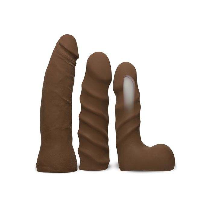 Vac-U-Lock Dual Density Starter Set chocolate-colored lifelike strap-on attachments with varied textures and sizes.