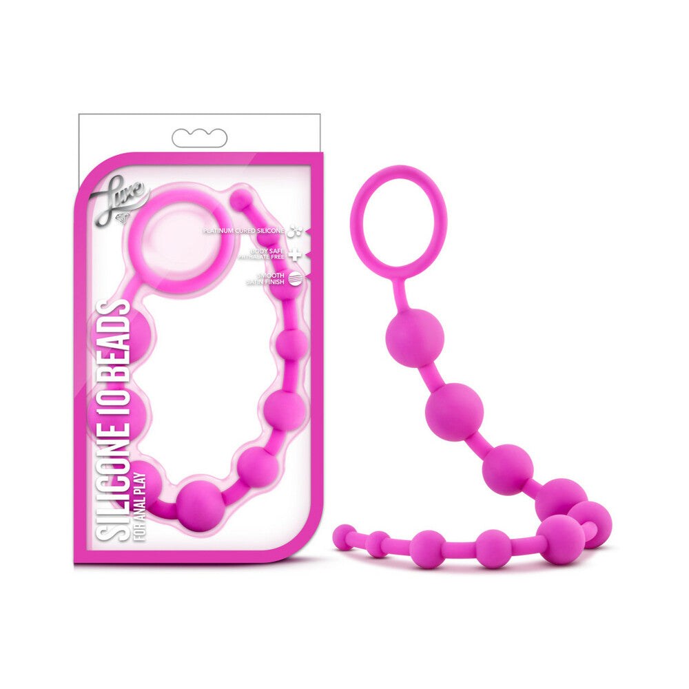 Luxe Silicone 10 Beads pink anal toy with 10 graduated silicone beads and retrieval loop
