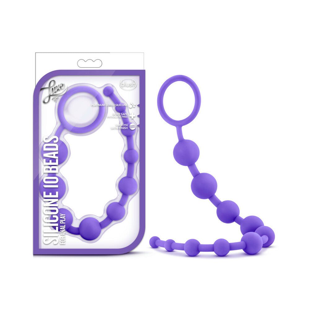Luxe Silicone 10 Beads in purple with graduated smooth silicone spheres and loop handle for anal play