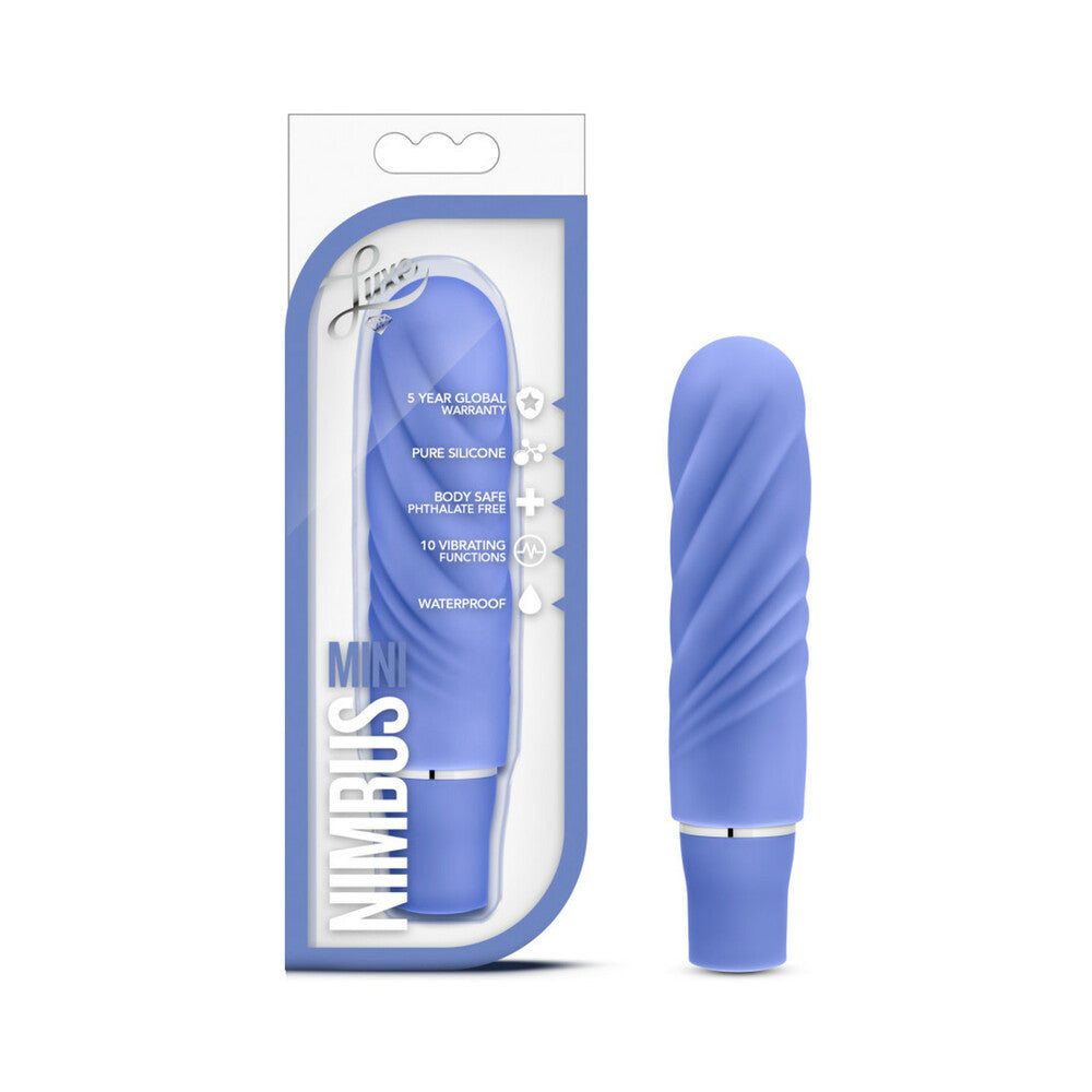 Luxe Nimbus Mini silicone vibrator in periwinkle with twisted design and compact travel-friendly size