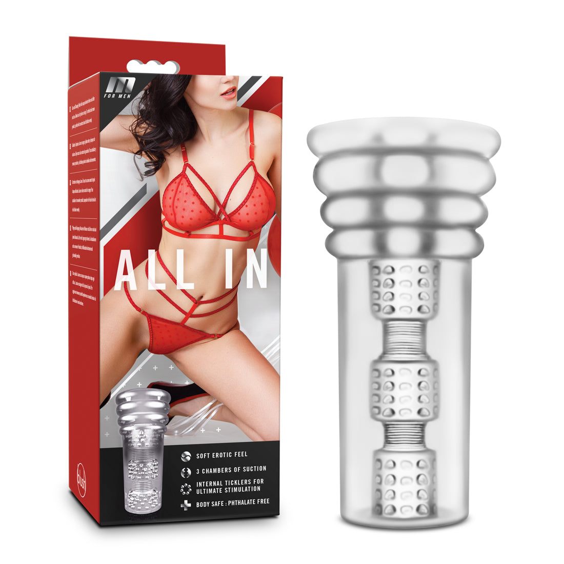 Transparent All in - Clear suction pleasure device with three chambers and textured interior for intimate stimulation.