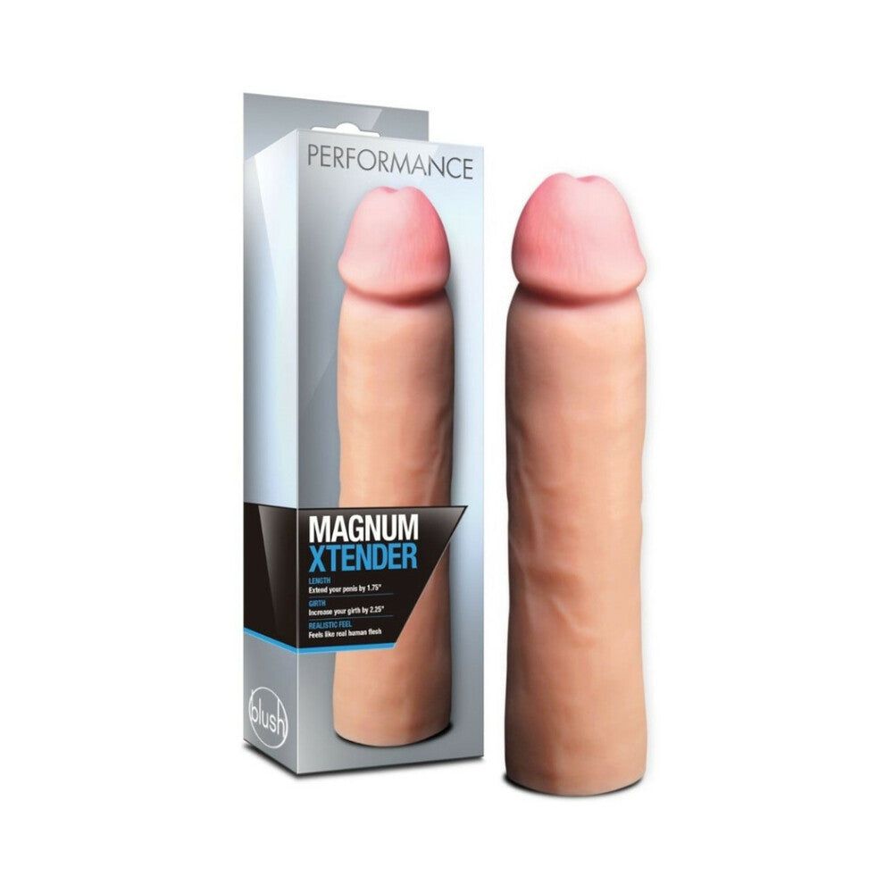 Performance Magnum Xtender 1.75 inch beige penis extender sleeve with realistic design and ribbed texture for enhanced pleasure.