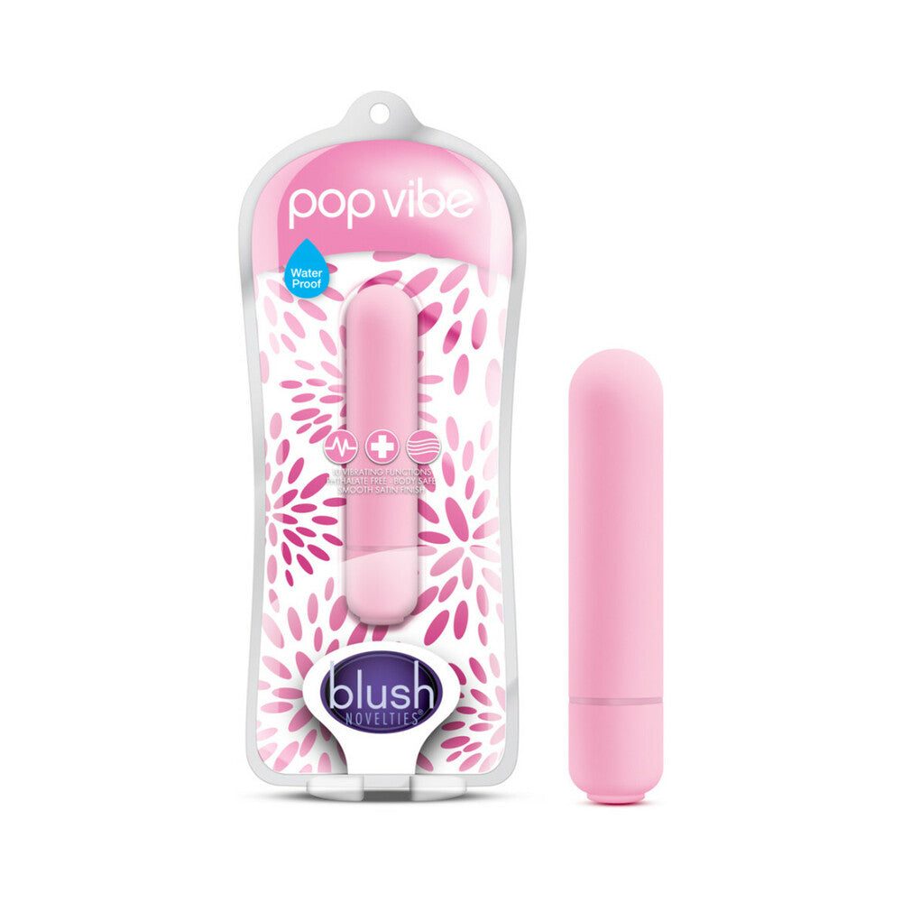 Compact pink Vive Pop Vibe Bullet Vibrator with sleek design and waterproof packaging by Blush Novelties