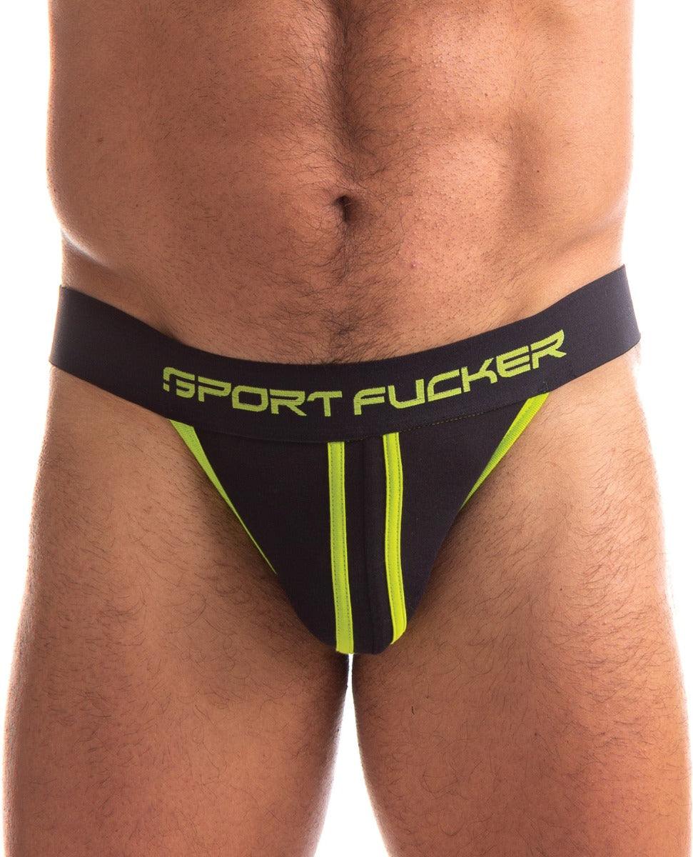 Sport Fucker Jersey black and neon green men's athletic mesh jockstrap with bold waistband logo
