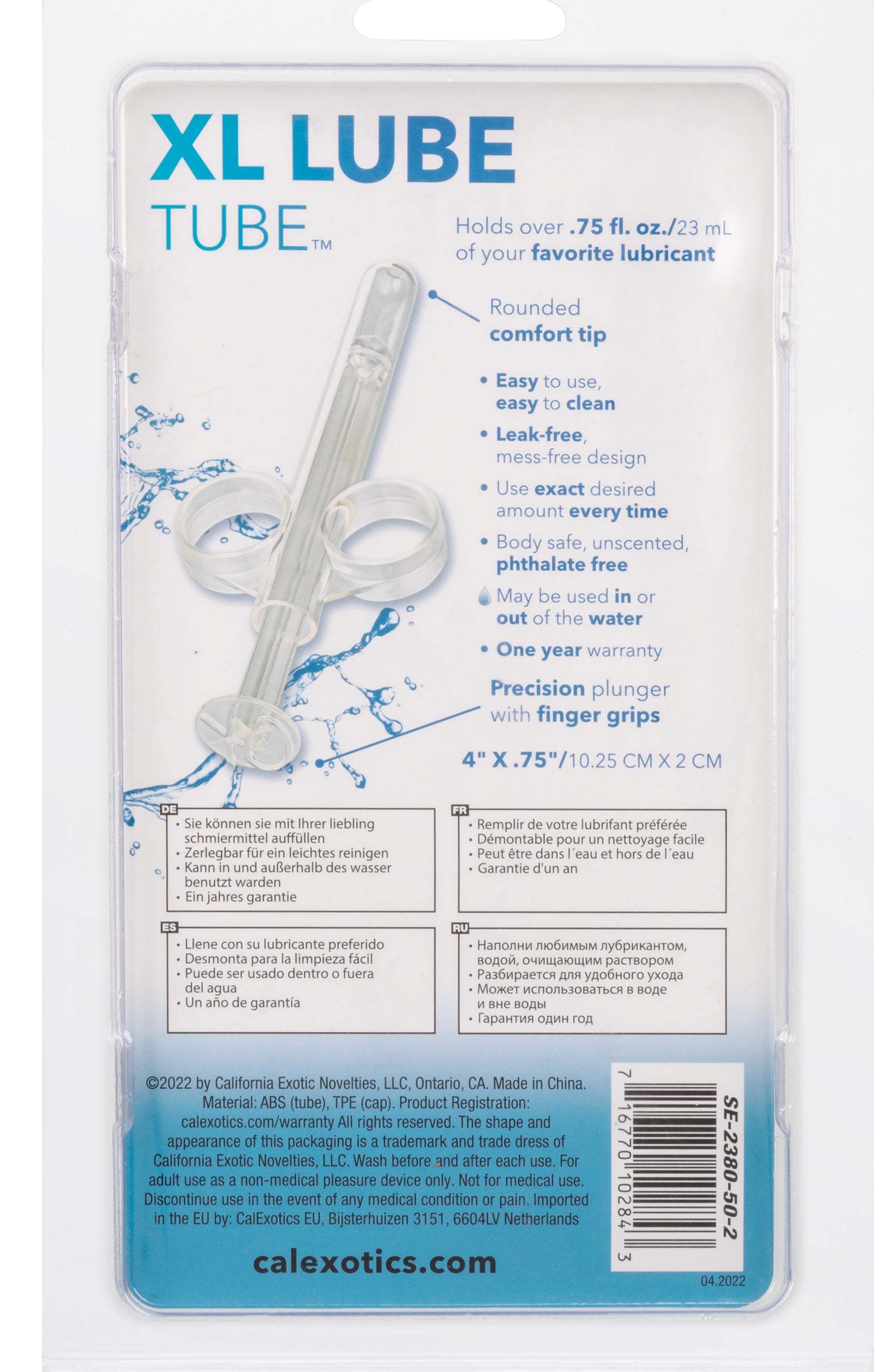 Clear XL Lube Tube packaging highlighting leak-free design and precision plunger with finger grips