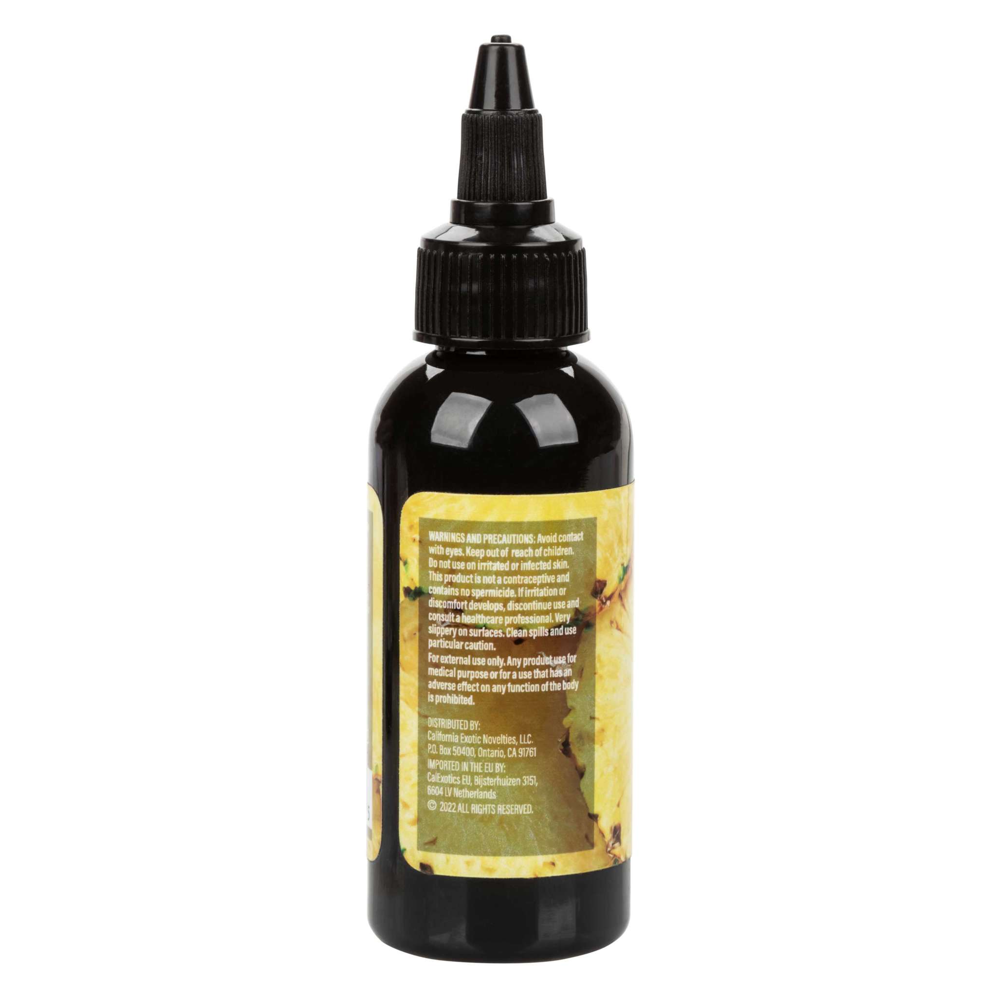 2 oz bottle of Fuck Sauce flavored water-based personal lubricant in pineapple flavor with a warming effect, safe for all skin types
