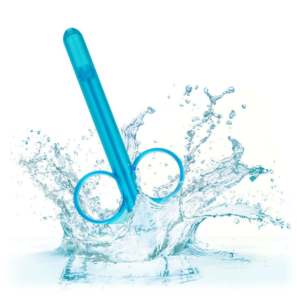 Blue Lube Tube with finger loops for precise lubrication and easy refill, shown with water splash