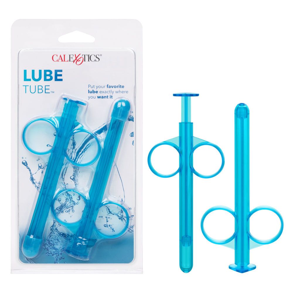 Blue reusable and refillable lube tube with finger loops for precise lubrication application
