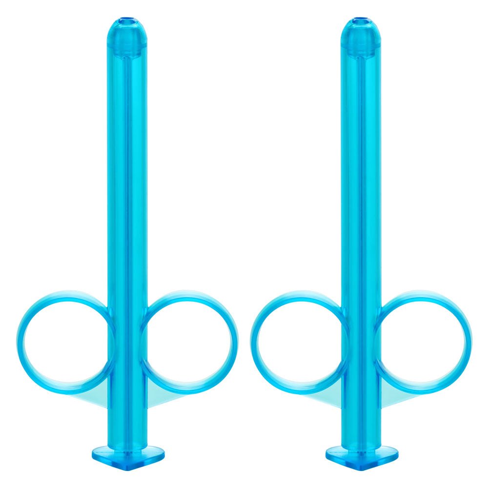 Pair of reusable blue Lube Tubes with finger loops for precise lubricant application