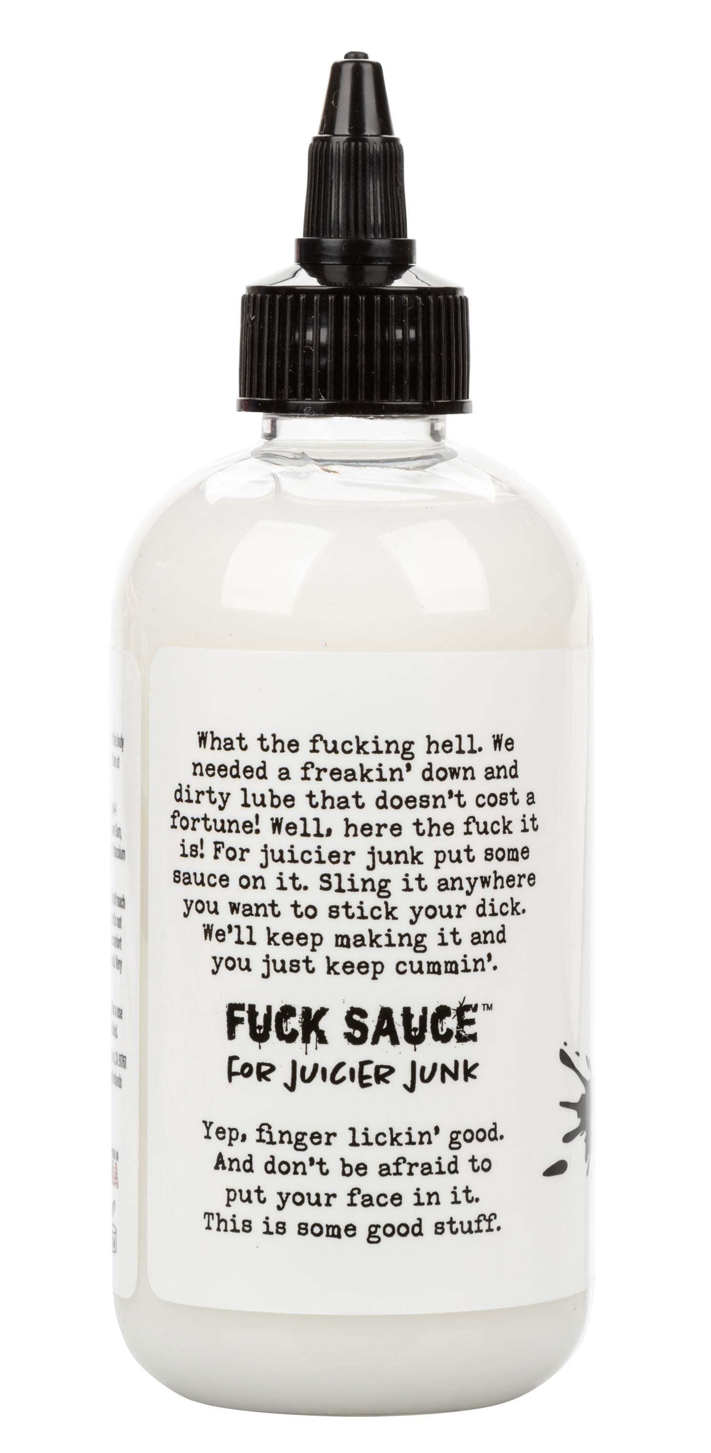 8 oz bottle of Fuck Sauce Cum Scented Lubricant with playful label design