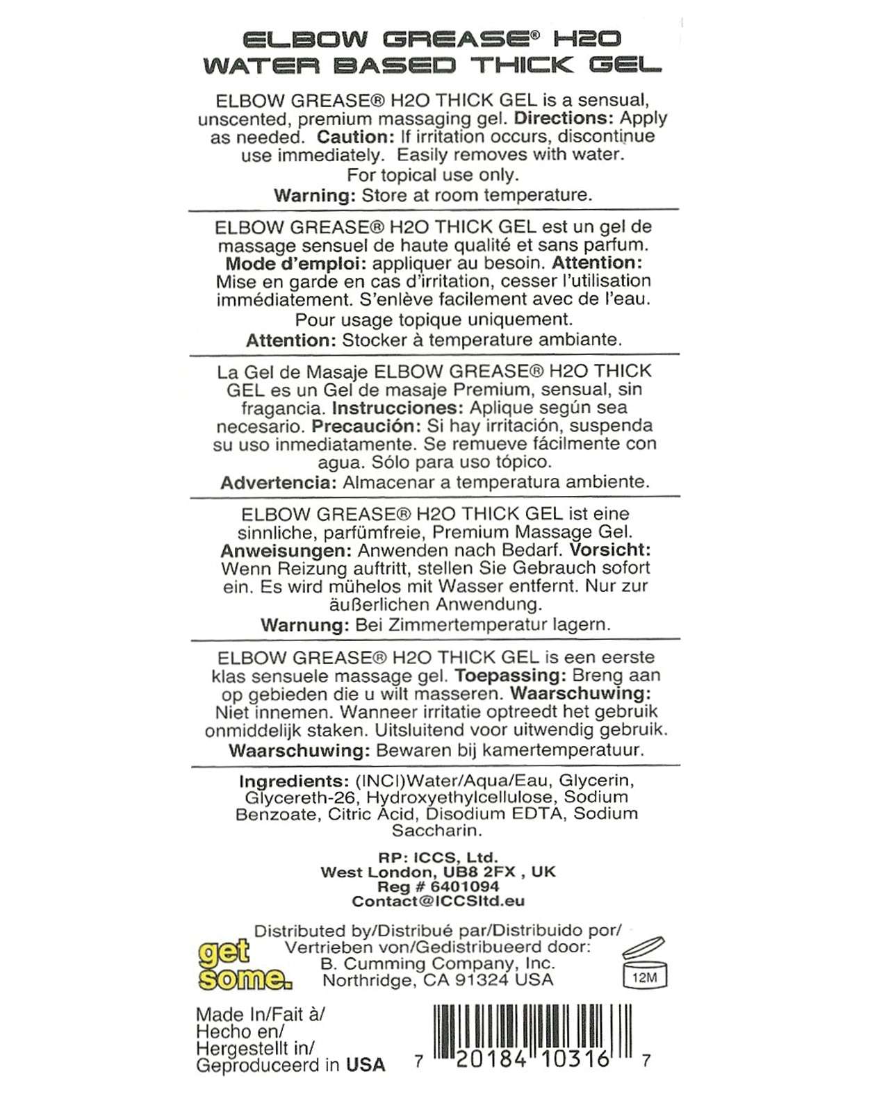 Elbow Grease H2O Thick Gel 8.5 oz water-based personal lubricant with smooth, long-lasting, non-greasy formula safe for latex.