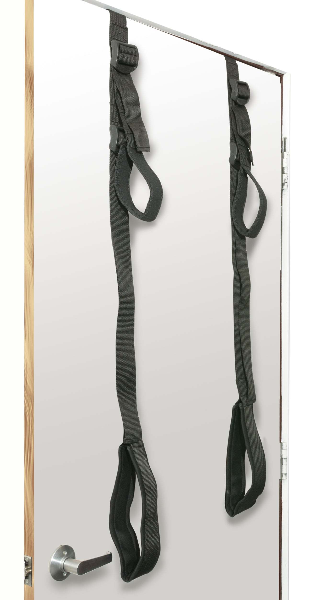Fetish Fantasy Series Door Swing with adjustable straps and padded thigh supports hanging on a door for intimate use