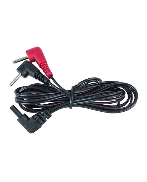 ElectraStim cable with 90 degree plugs and 2mm pin connectors for electrostimulation devices.