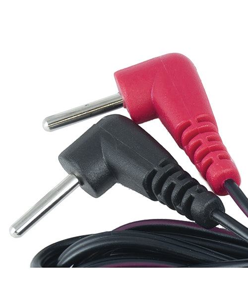 ElectraStim cable with durable 90-degree plugs in red and black for secure electrostimulation connections.