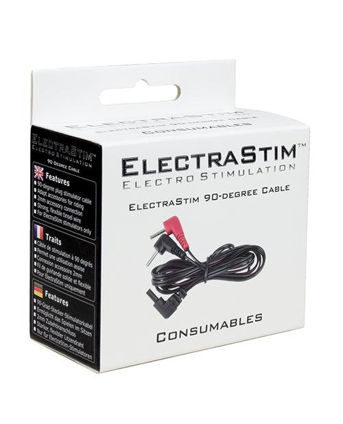 ElectraStim Cable with 90 Degree Plugs in packaging, high-quality electrostimulation connector cable with durable 2mm pins, flexible and safe design for enhanced electroplay sessions.