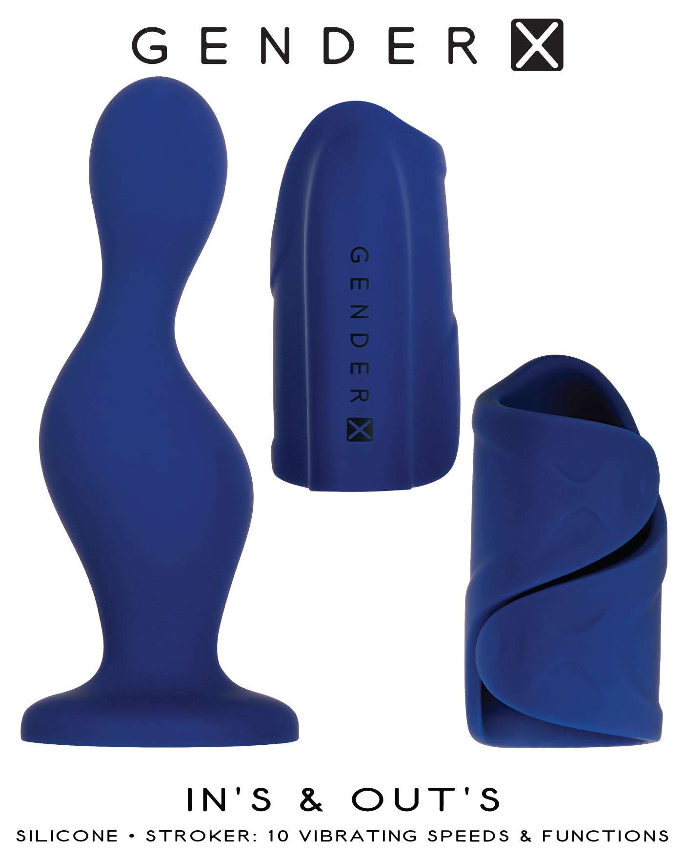 iN's and Out's silicone dildo and vibrating stroker combo in blue with suction base and textured sleeve