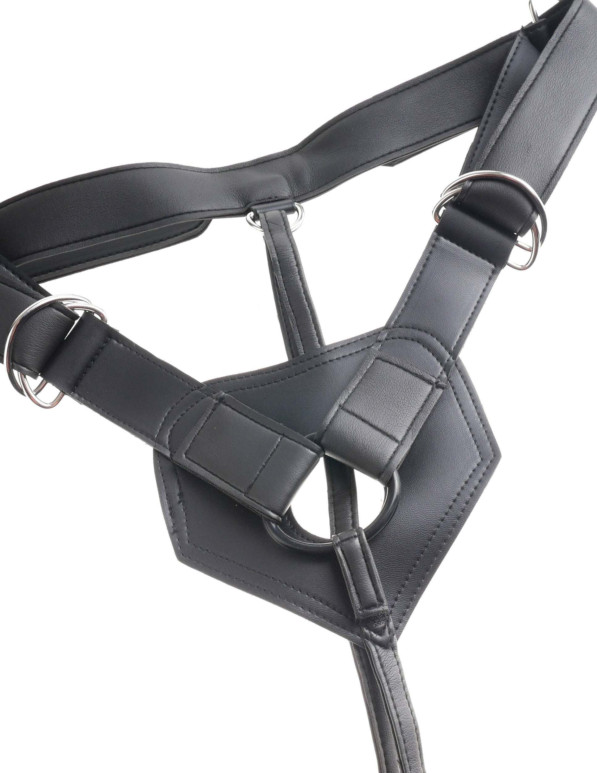 King Cock strap-on harness in black heavy-duty vinyl with adjustable metal buckles and secure O-ring
