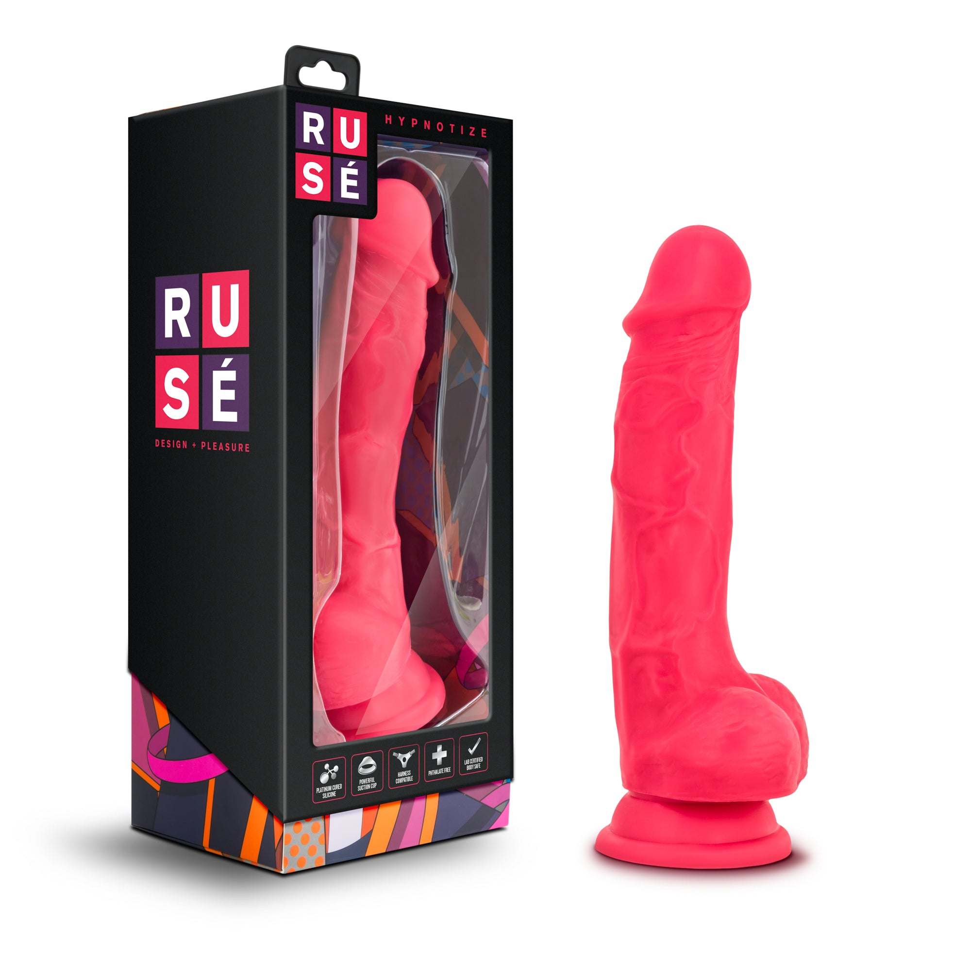 Ruse Hypnotize Cerise bright pink silicone dildo with pronounced corona and suction cup base next to black retail packaging