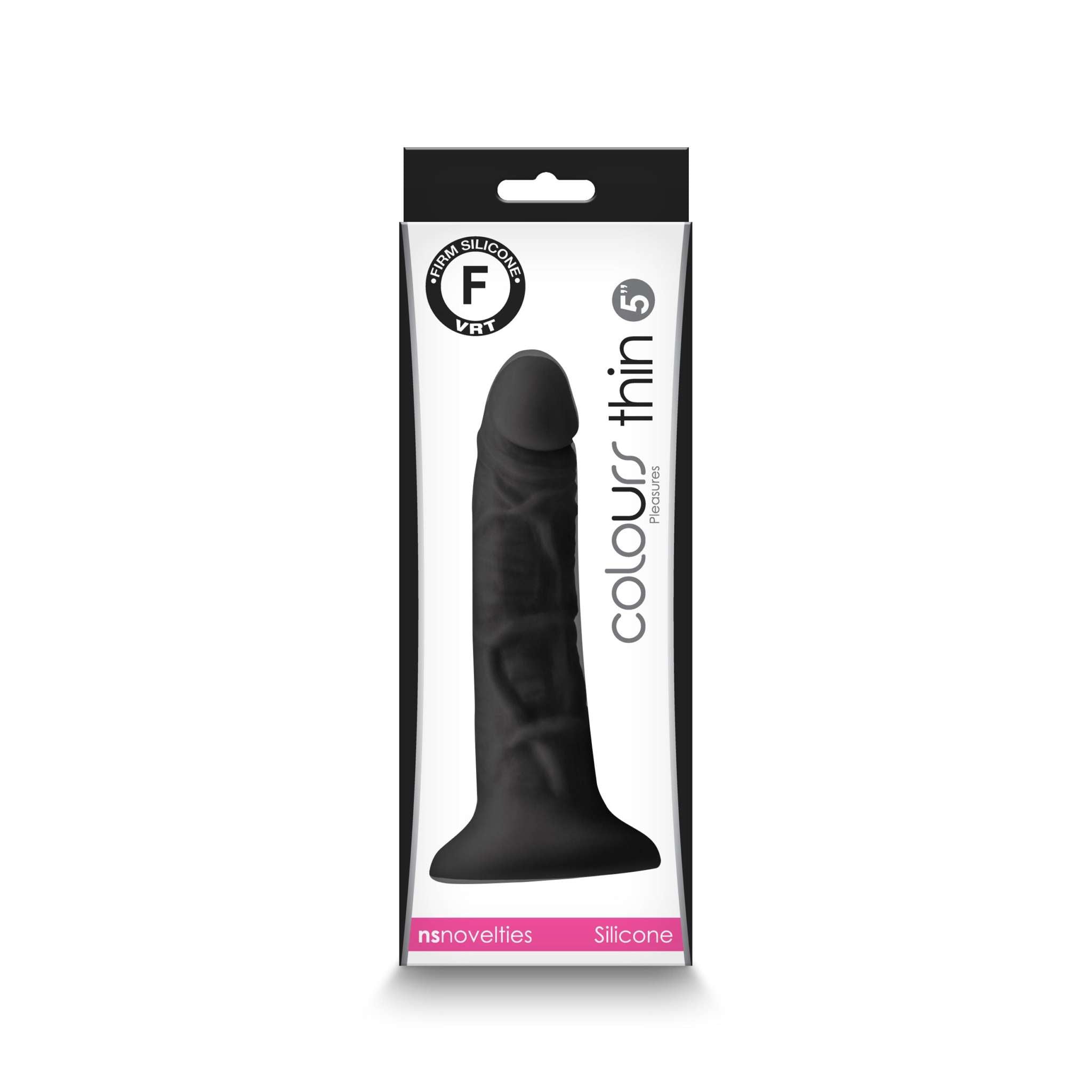 Black Colours - Pleasures Thin 5 Inch silicone dildo with suction cup base in retail packaging