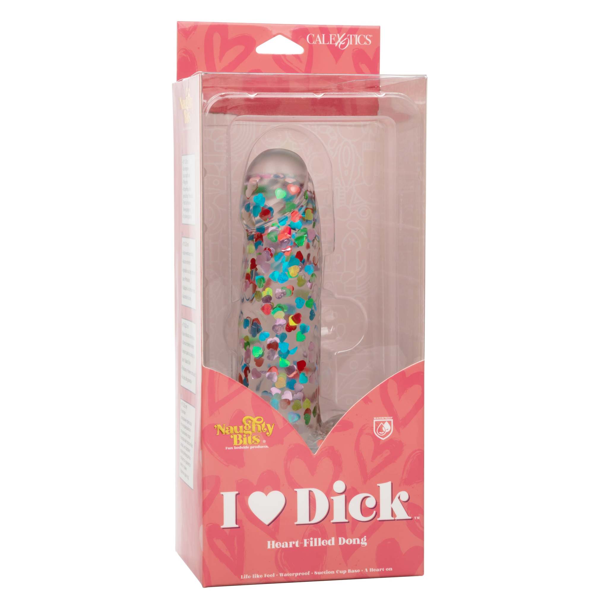 Naughty Bits I Love Dick Heart-Filled Dong with colorful heart confetti, 8-inch waterproof playful dildo with suction base