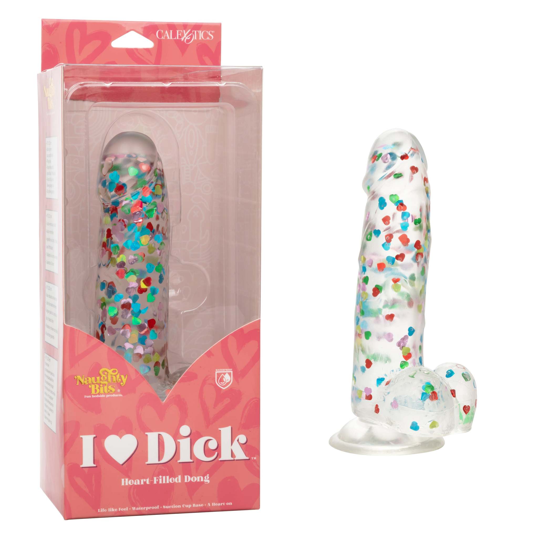 Naughty Bits I Love Dick Heart-Filled Dong with colorful heart confetti, flexible body, suction cup base, and lifelike texture for playful intimate pleasure