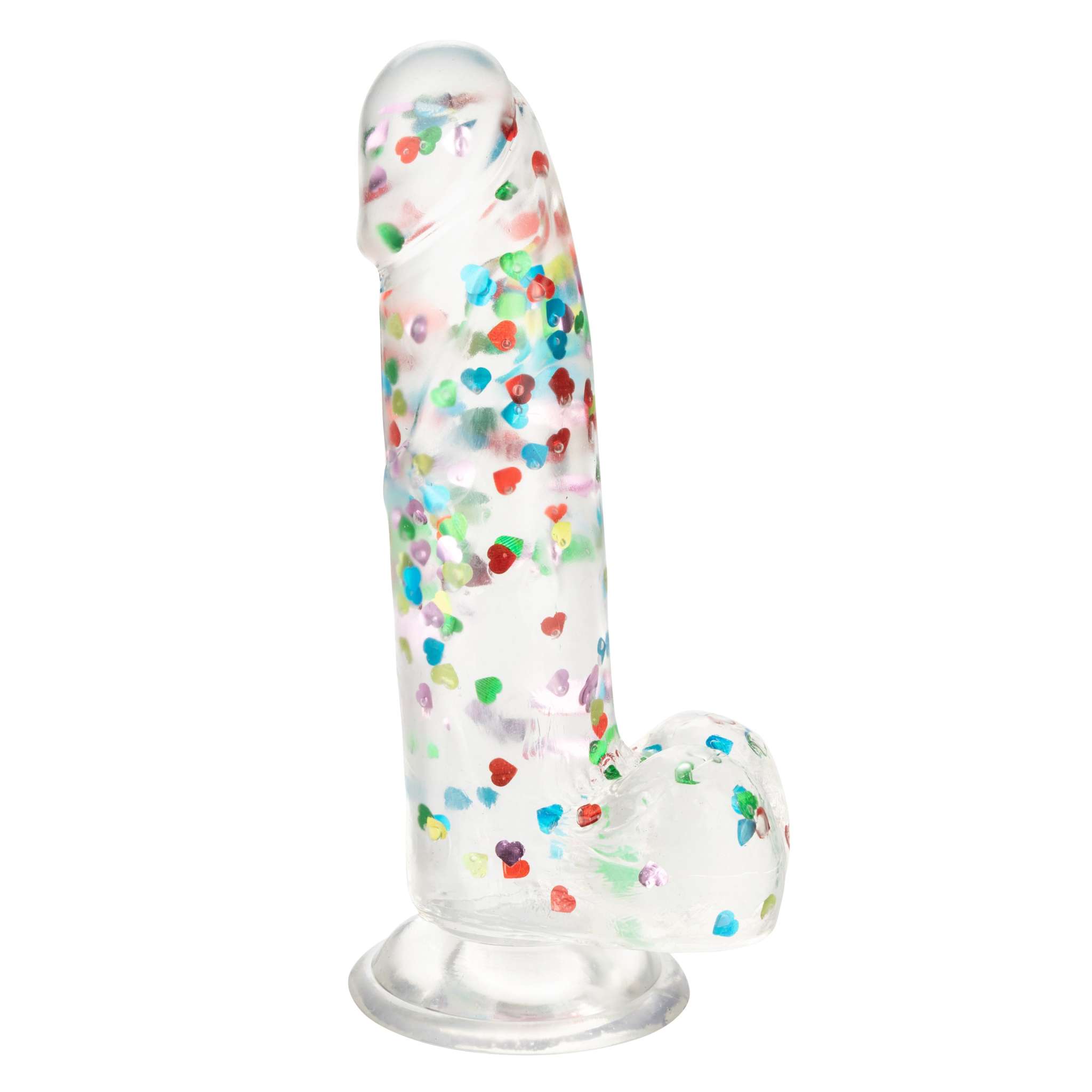 Naughty Bits clear dildo with colorful heart confetti and suction base