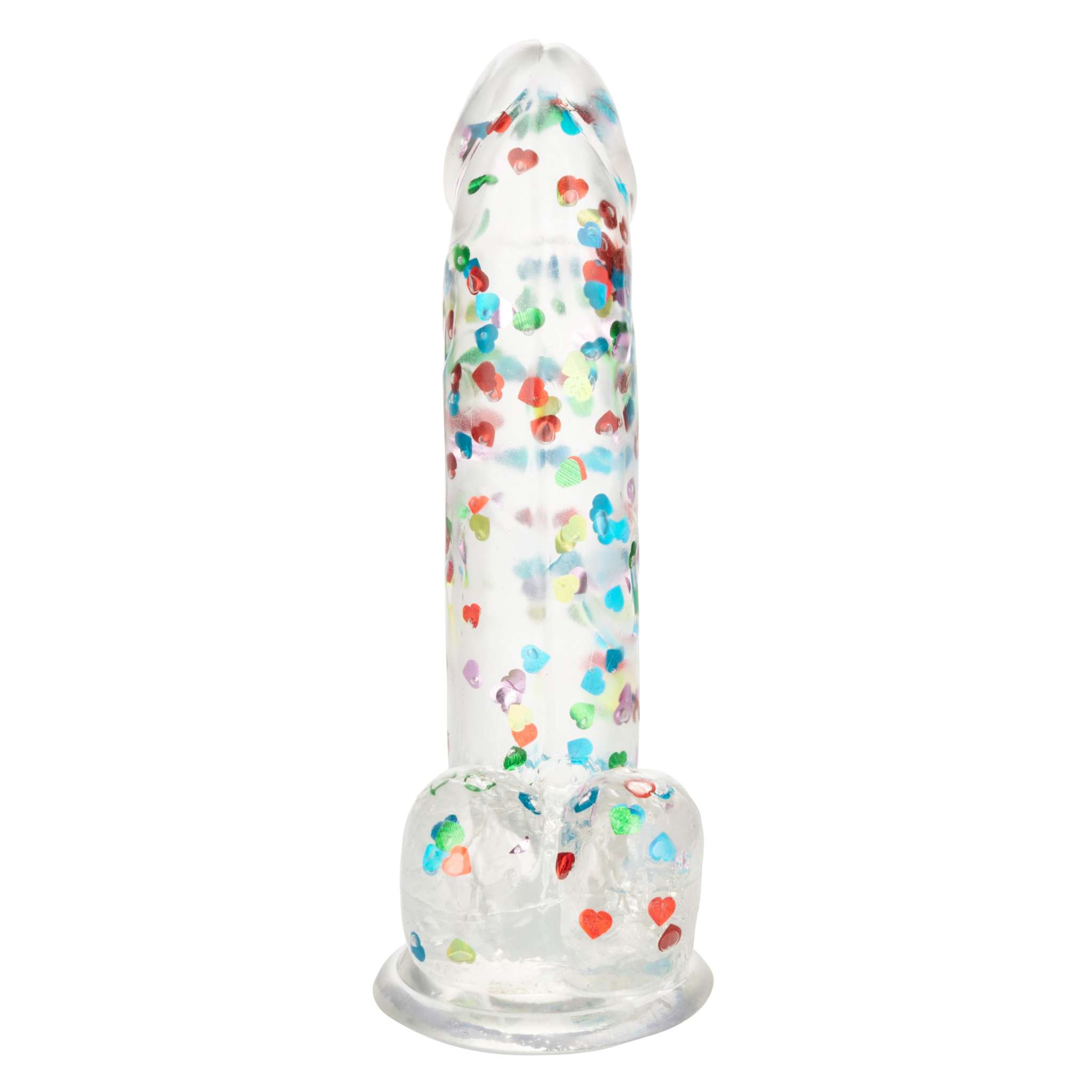 Naughty Bits I Love Dick clear dildo with colorful heart confetti, flexible and suction cup base