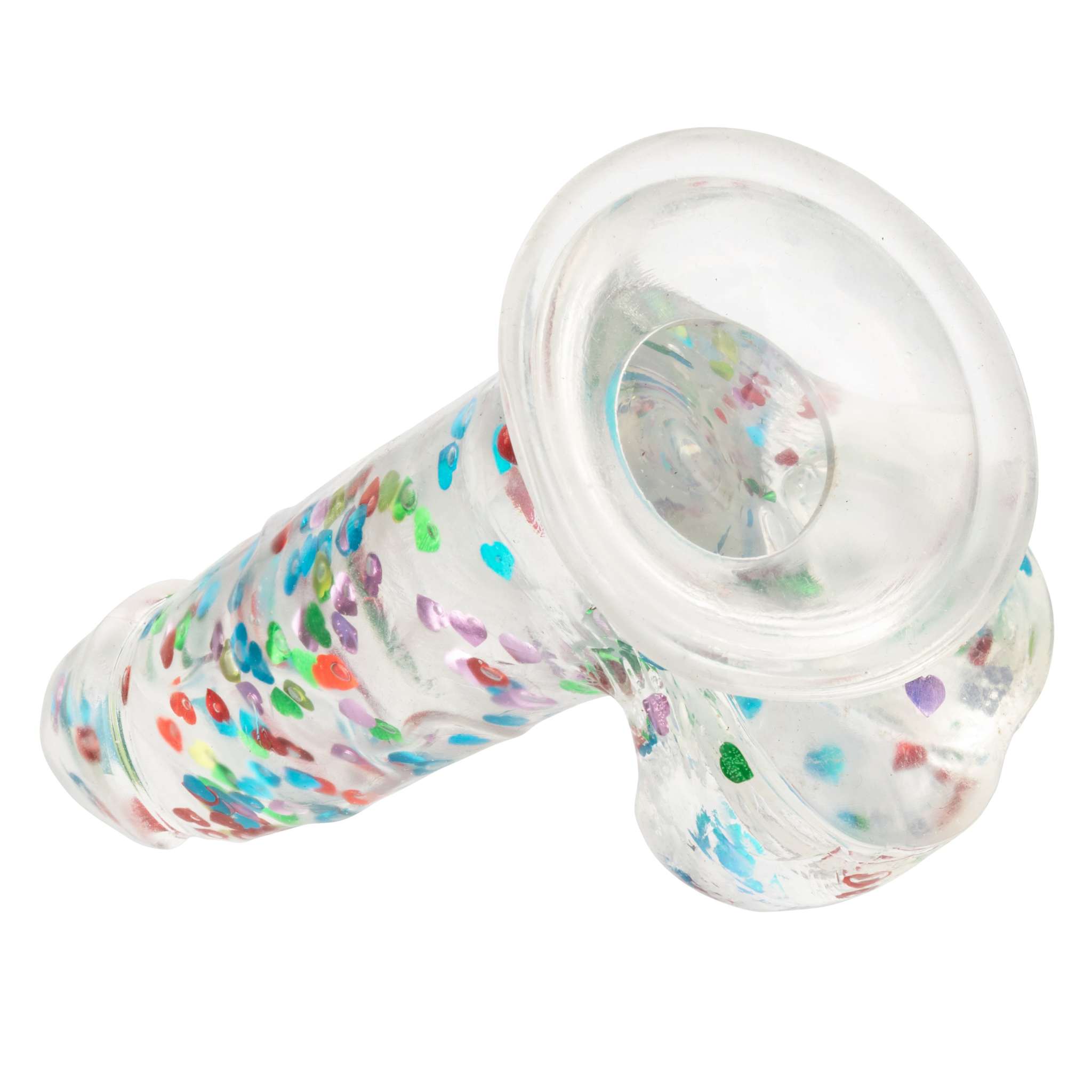 Naughty Bits heart-filled clear dong with colorful confetti and suction base