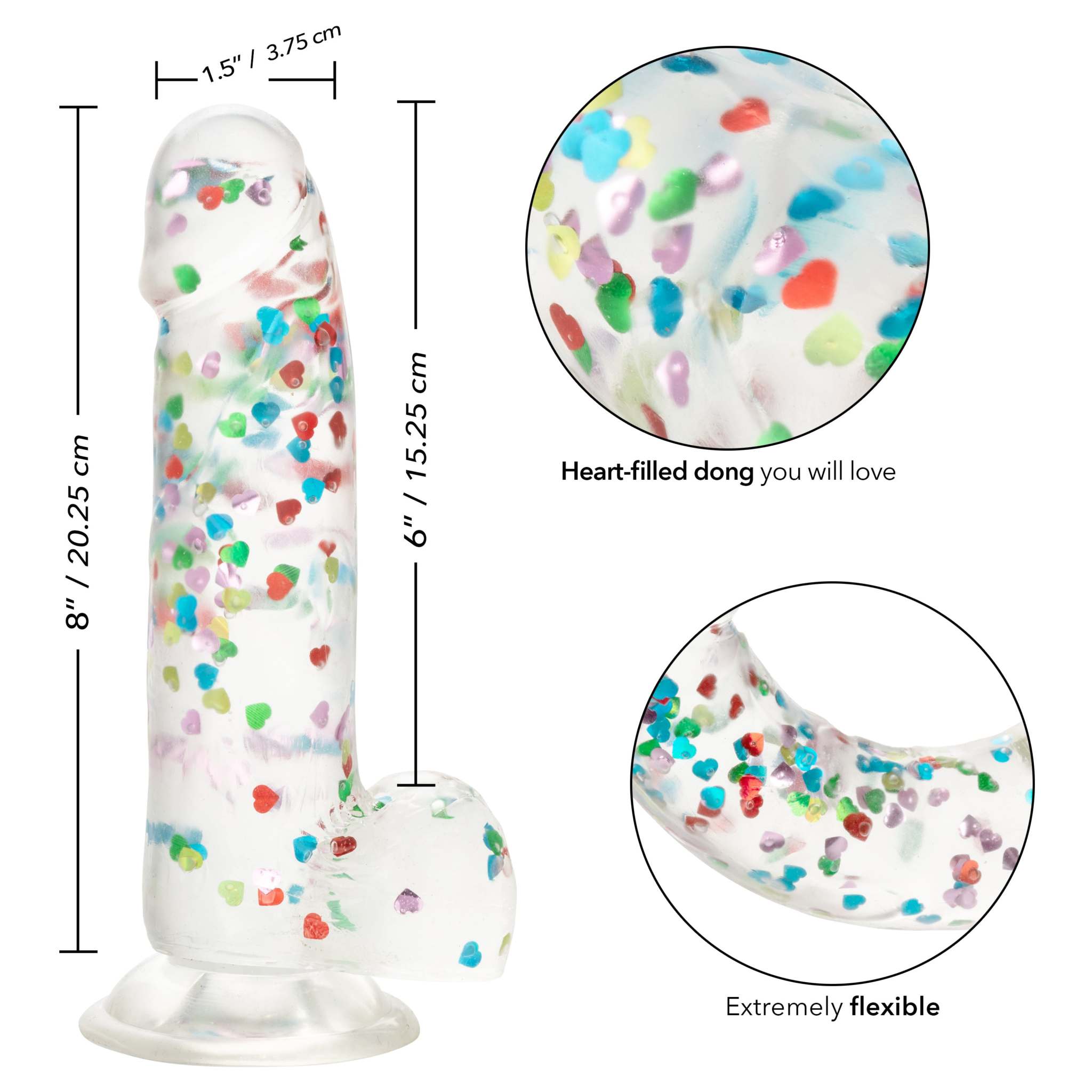 Naughty Bits heart-filled flexible dildo with suction base and colorful confetti design