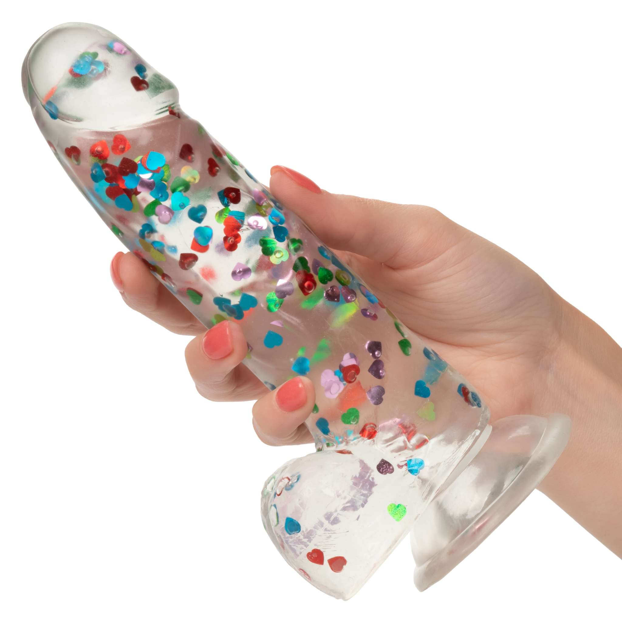 Naughty Bits heart-filled clear dong with colorful confetti, flexible, firm, 8-inch waterproof toy with suction base for hands-free play