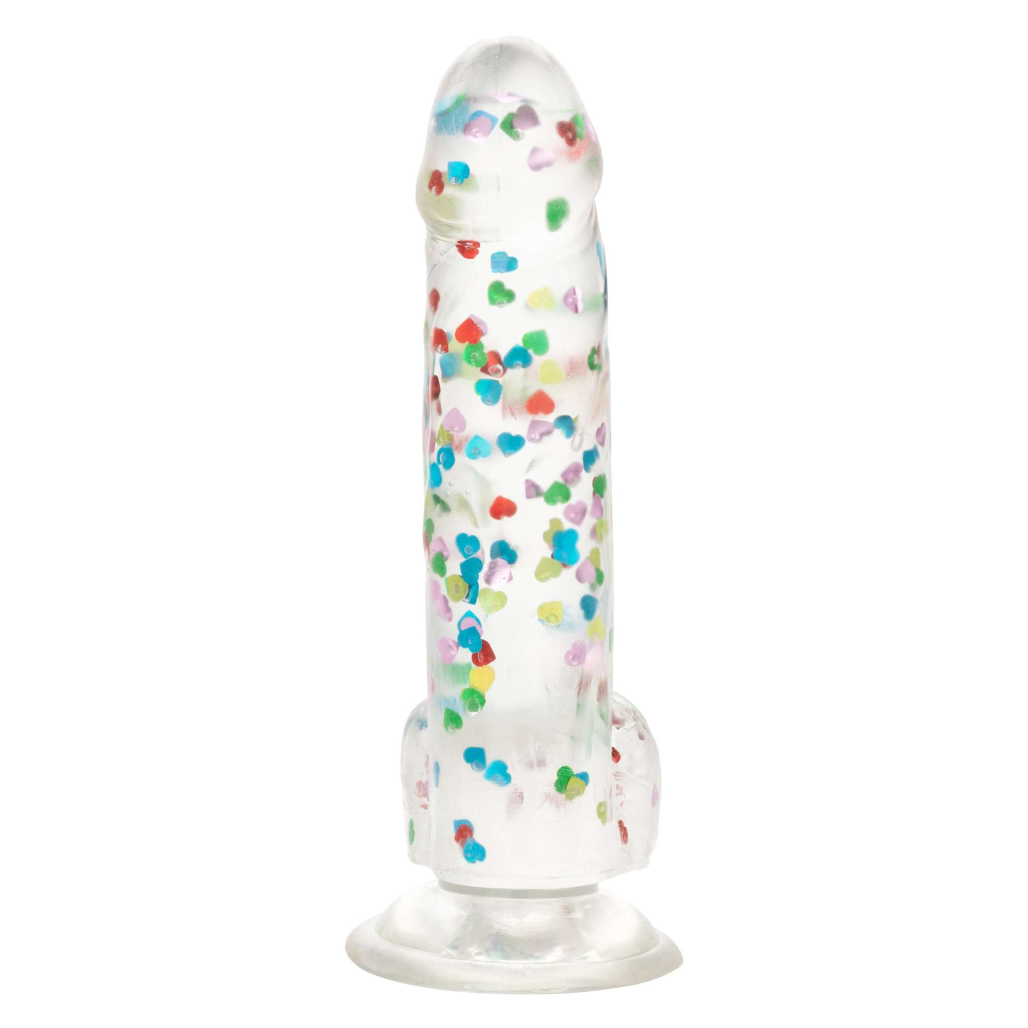 Naughty Bits clear dildo with colorful heart confetti and suction cup base