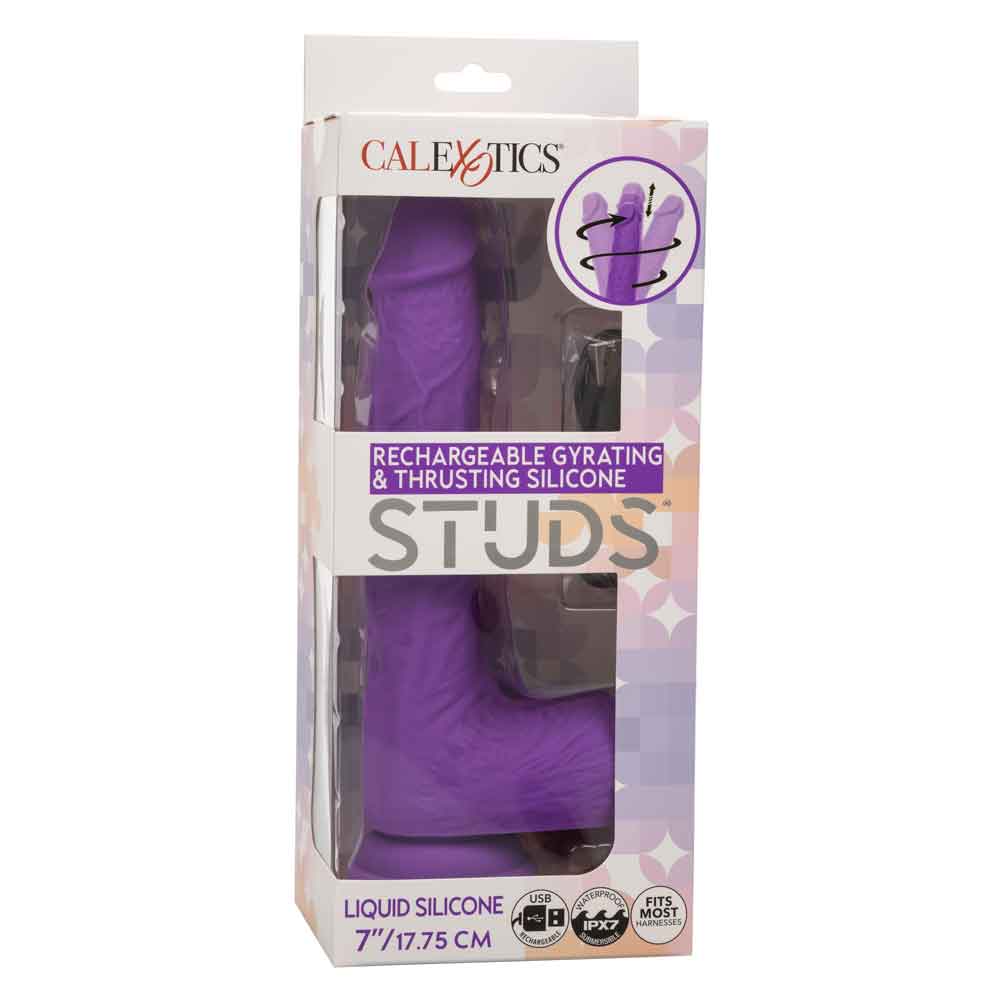 Purple rechargeable gyrating and thrusting silicone stud in retail packaging with USB charging and waterproof features